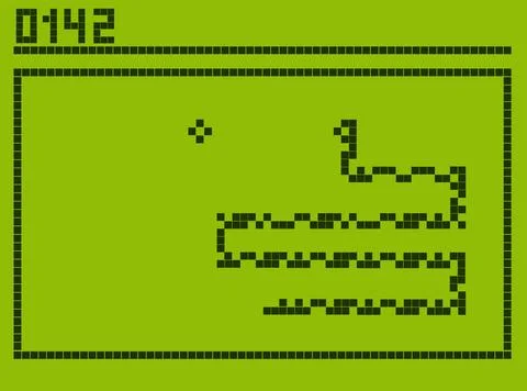 Mobile iconic retro game concept. Pixel snake on green cell phone screen. Illustrazione stock