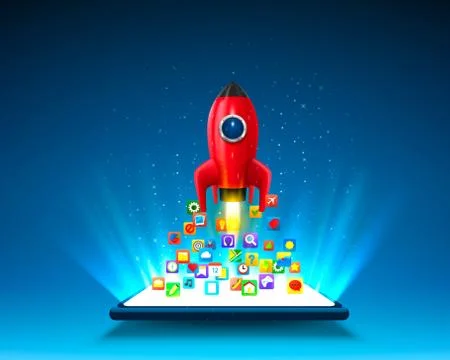 Mobile icons app rocket on the light background. Illustrazione stock