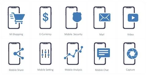 Mobile icons as m-shopping, e-currency, mobile security Stock Illustration
