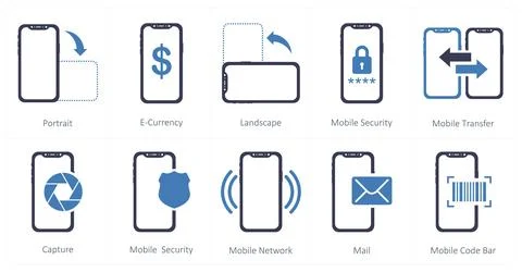 Mobile icons as portrait, e-currency, landscape Stock Illustration