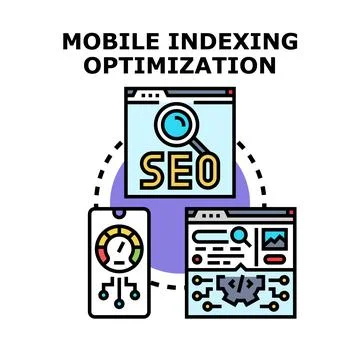 Mobile indexing optimization process improving website ranking Illustrazione stock