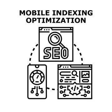 Mobile indexing optimization process improving website ranking Stock Illustration