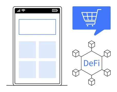 Mobile Interface with Decentralized Finance Network and Shopping Cart Icon Ilustração Stock