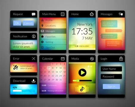 Mobile interface elements with colorful wallpaper, design for applications 库存插图