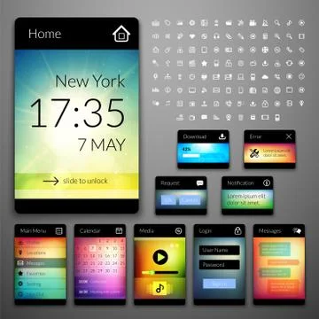 Mobile interface elements with colorful wallpaper and icon set, design for ap Stock Illustration