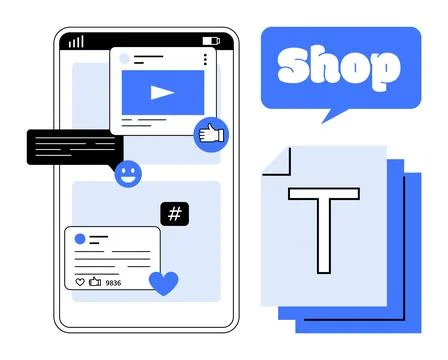 Mobile interface with icons including a video player, likes, comments, hashta Illustrazione stock