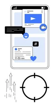 Mobile interface with social media interactions including video play button,  库存插图