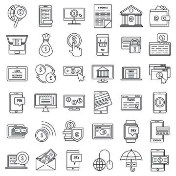 Mobile internet banking icons set, outline style Stock Illustration