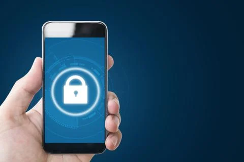 Mobile internet online security system. Hand holding mobile smart phone Stock Photos