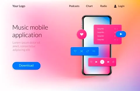 Mobile landing page. UI software web site design, interface with download, play 스톡 일러스트