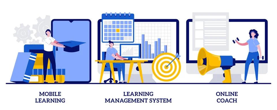 Mobile learning application, online coach concept with tiny people. Learnin.. Stock Illustration