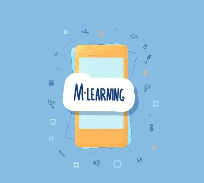 Mobile learning concept. Online education. Qute with phone and and school sym Stock Illustration