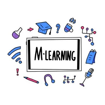Mobile learning concept. Online education. Qute and school symbols in doodle  스톡 일러스트