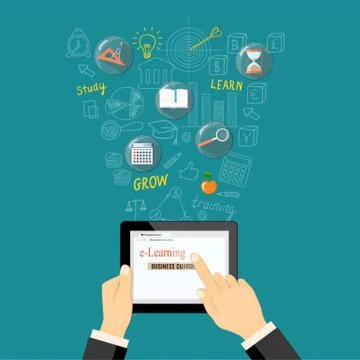 Mobile learning with tablet and showing finger Stock Illustration