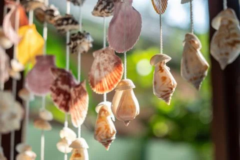 Mobile made from shells Hanging on the window Eye-catching colors When the wi Stock Photos