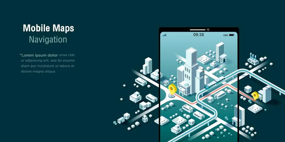 Mobile maps Navigation, And tracking concept. Isometric city map, App design, Stock Illustration