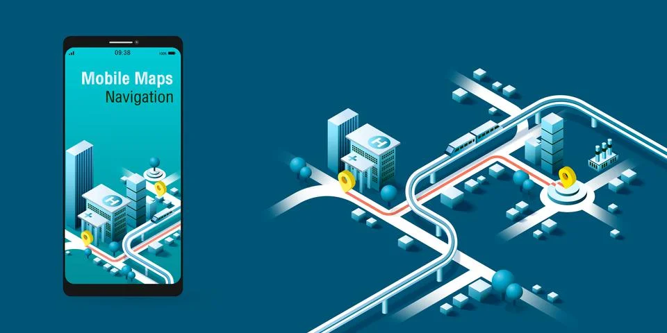 Mobile maps Navigation, And tracking concept. Isometric city map, App design, Stock Illustration