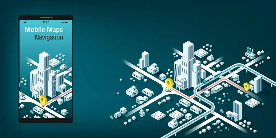 Mobile maps Navigation, And tracking concept. Isometric city map, App design, Stock Illustration