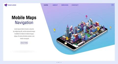 Mobile maps Navigation, And tracking concept. Isometric city map, App design, 스톡 일러스트