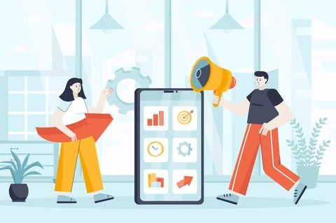 Mobile marketing concept in flat design. Marketers team working at office scene 库存插图