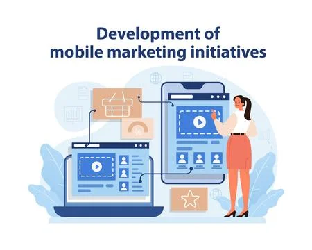 Mobile Marketing Initiative Development. Marketer planning and implementing Illustrazione stock