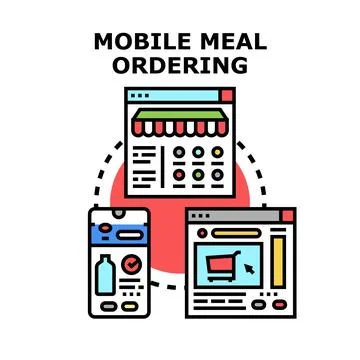 Mobile meal ordering app processing restaurant delivery Stock Illustration