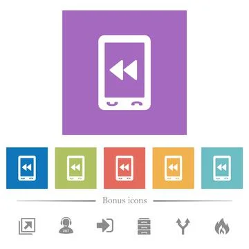 Mobile media fast backward flat white icons in square backgrounds Stock Illustration