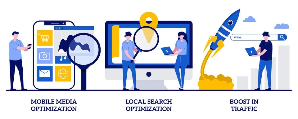 Mobile media optimization, local search, boost in traffic concept with tiny.. Stock Illustration