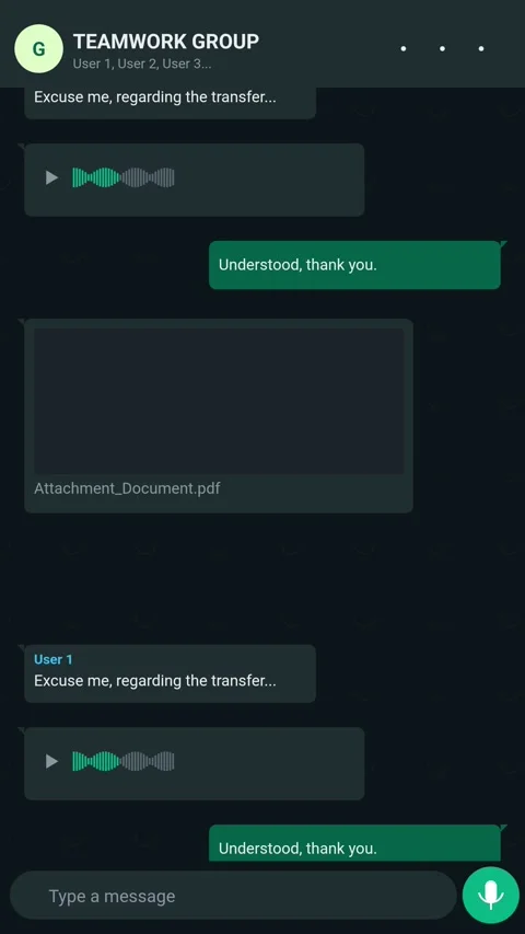 Mobile message group chat interface with voice message and document transfer Stock Footage 347186556
