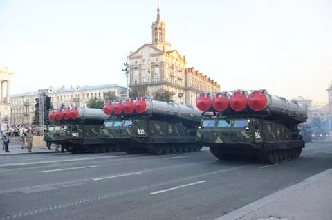 Mobile missile system complex driving. Military parade dedicated to Day of Stock Photos