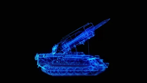 Mobile missile system. Glowing neon particles and blue lights formation of 3d Stock Footage 220853767