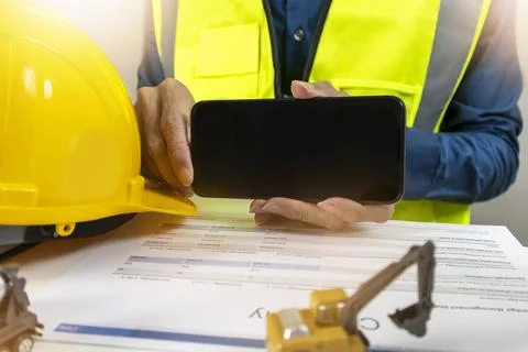A mobile mockup where an engineer holds up a screen to insert graphics or tex Stock Photos