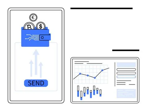 Mobile Money Transfer with Data Analytics Dashboard Showing Financial Trend.. Stockillustratie
