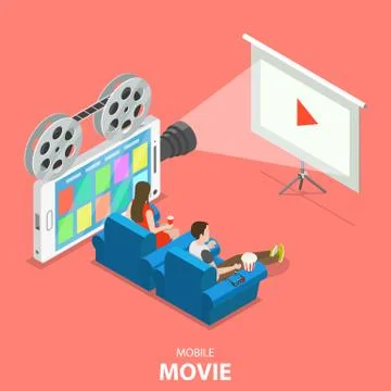 Mobile movie flat isometric vector concept. Stock Illustration