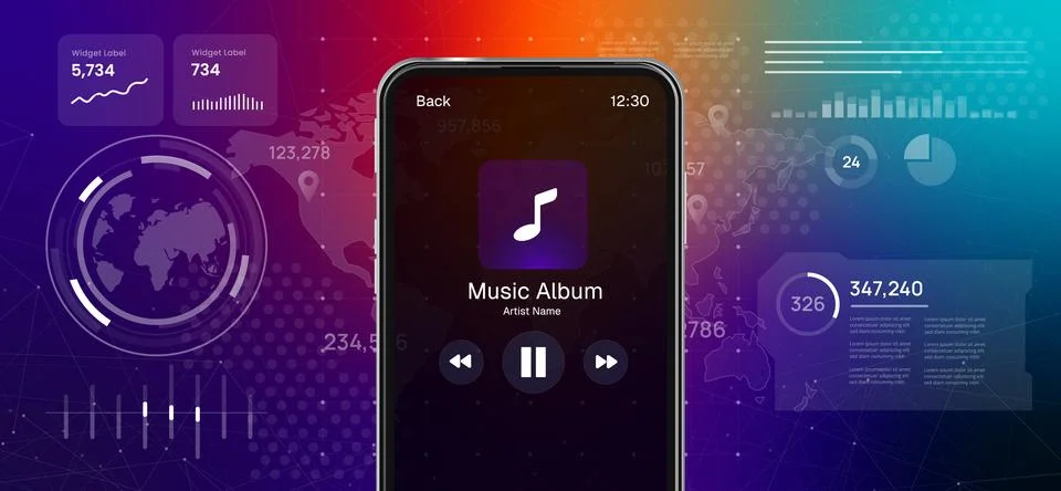 Mobile music player application interface on smartphone screen with digital Illustration