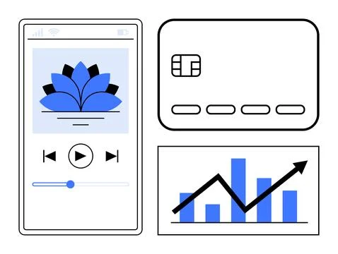 Mobile music player interface, credit card, and upward bar graph. Ideal for f Stock Illustration