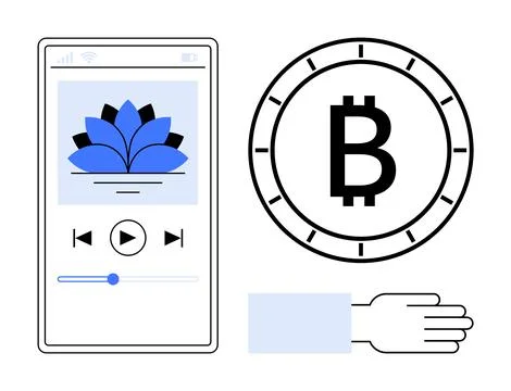 Mobile Music Player Interface with Cryptocurrency Bitcoin Icon and Outstret.. Illustrazione stock