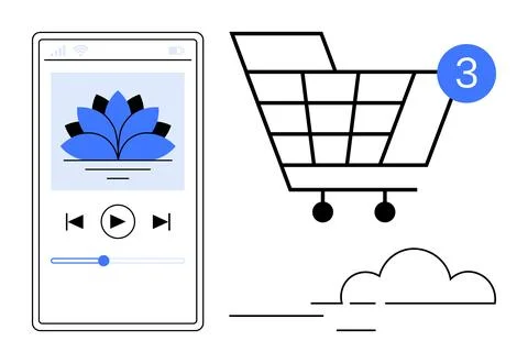 Mobile music player interface with play button and lotus flower graphic, shop Illustrazione stock