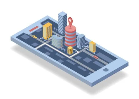 Mobile navigation application isometric vector illustration. GPS app, city Stock Illustration