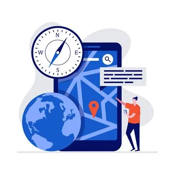 Mobile navigation concept with character, big smartphone, GPS pin and map. .. Stock Illustration