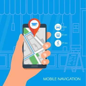 Mobile navigation concept vector illustration. Hand holding smartphone with gps Stock Illustration