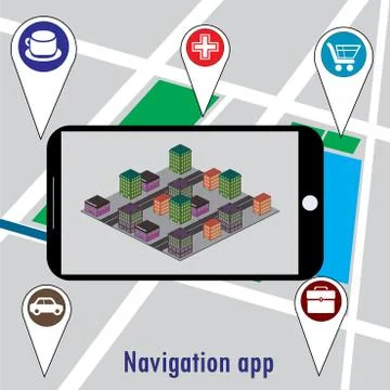 Mobile navigation GPS with map pointers. 스톡 일러스트