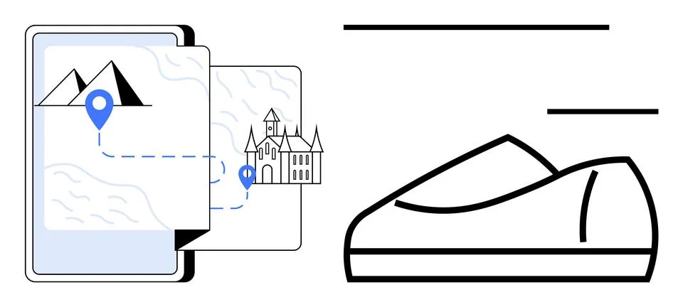 Mobile Navigation with Map and Landmark Icons alongside a Shoe Icon Stockillustratie