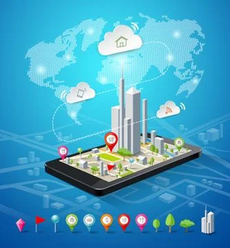 Mobile navigation map icons connections design background Stock Illustration