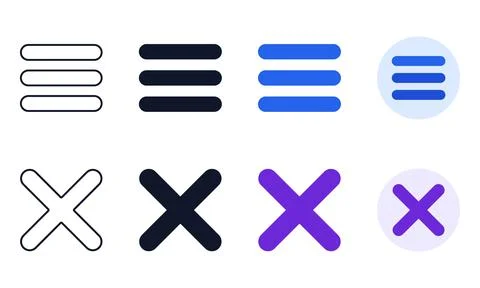 Mobile navigation menu and close buttons ui icon variants in linear solid c.. Иллюстрация