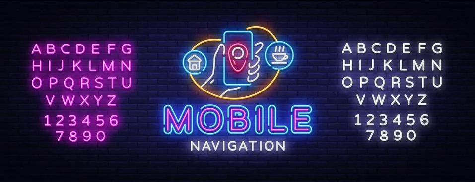 Mobile Navigation Neon Sign Vector. Mobile Navigation neon design template Stock Illustration