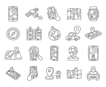 Mobile navigation set in outline line art Stock Illustration