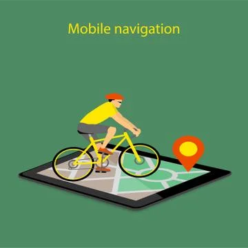 Mobile navigation on tablet with map, pointer and bike Stock Illustration