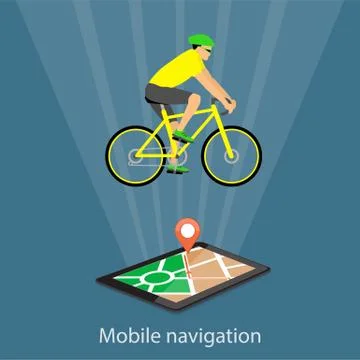 Mobile navigation on tablet with map, pointer and riding biker Stock Illustration