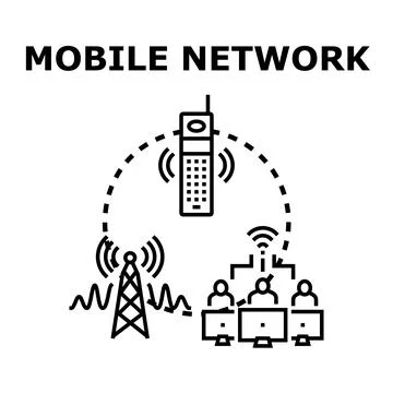 Mobile network connecting cell tower and devices with signal Stock Illustration